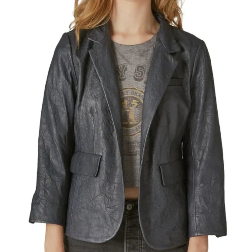 Lucky Brand * Navy Crinkled Lamb Leather Blazer * Medium * NWOT